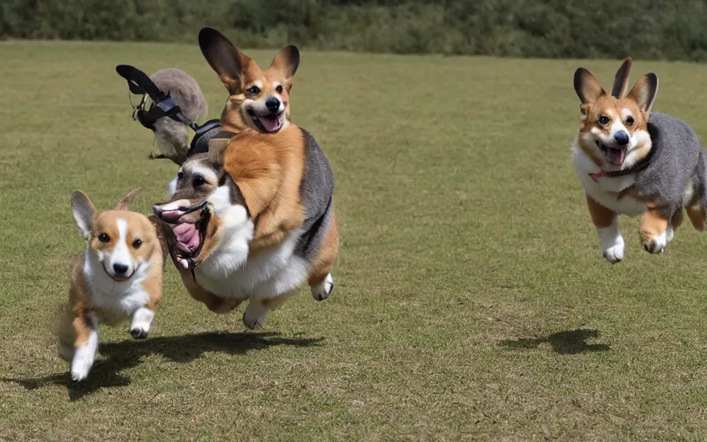 Prompt: A photo of corgi running away from a giant kangaroo.