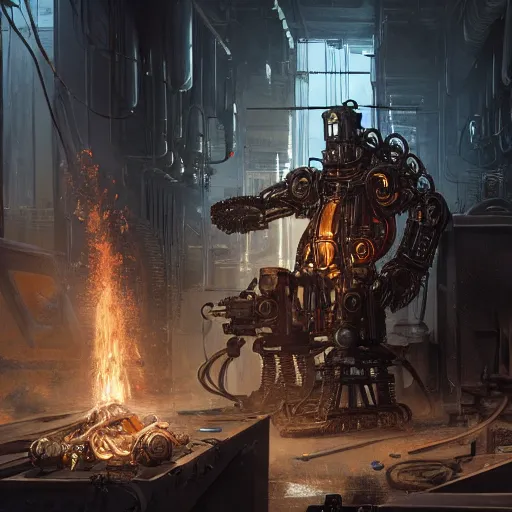 Image similar to portrait of adeptus mechanicus techpriest at a forge, by cedric peyravernay and feng zhu, highly detailed, excellent composition, cinematic concept art, dramatic lighting, trending on artstation