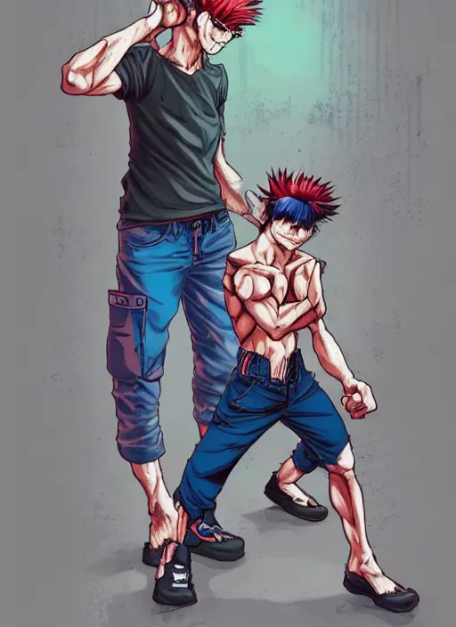 Image similar to a young man of 2 5 years old, with a bruised face and bruises, is standing in a doorway in a boxer's stance, casual clothing style, by james jean art, by boichi manga style, hairstyle red mohawk, cold colors, comics style, angry 8 k