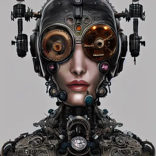 Image similar to portrait painting of a steampunk cyborg robot princess, ultra realistic, concept art, studio ghibli, intricate details, eerie highly detailed