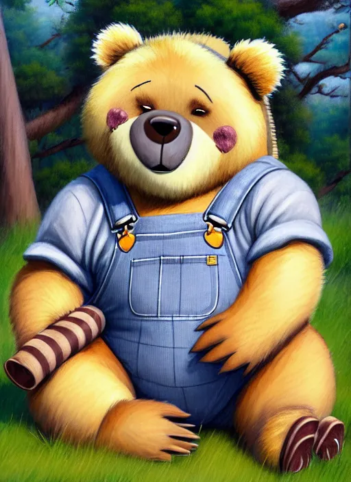 Prompt: blushing bear man chubby sumo anthro, blonde hair tuff on head, grey fur, country bears by marc davis guy davis wearing overalls flannel posing seductive, sitting in grass, style in akihito tsukashi oil painting by titan