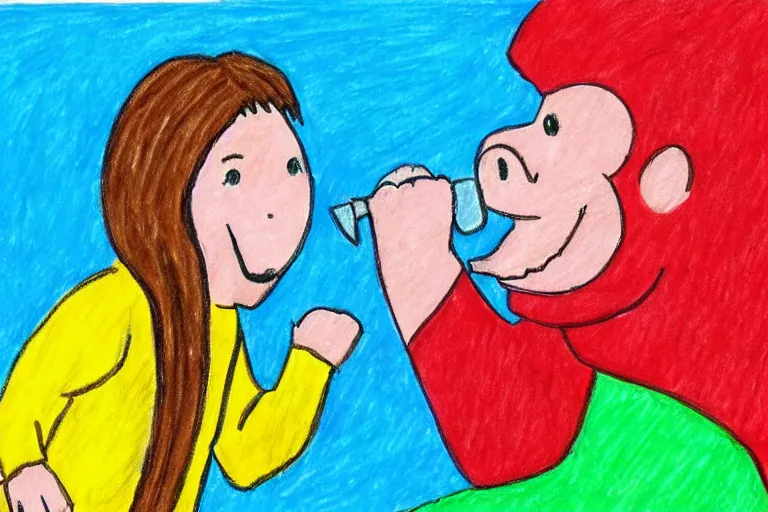 Prompt: Kids crayon drawing of a girl wearing girl shouting to a gorilla eating a banana