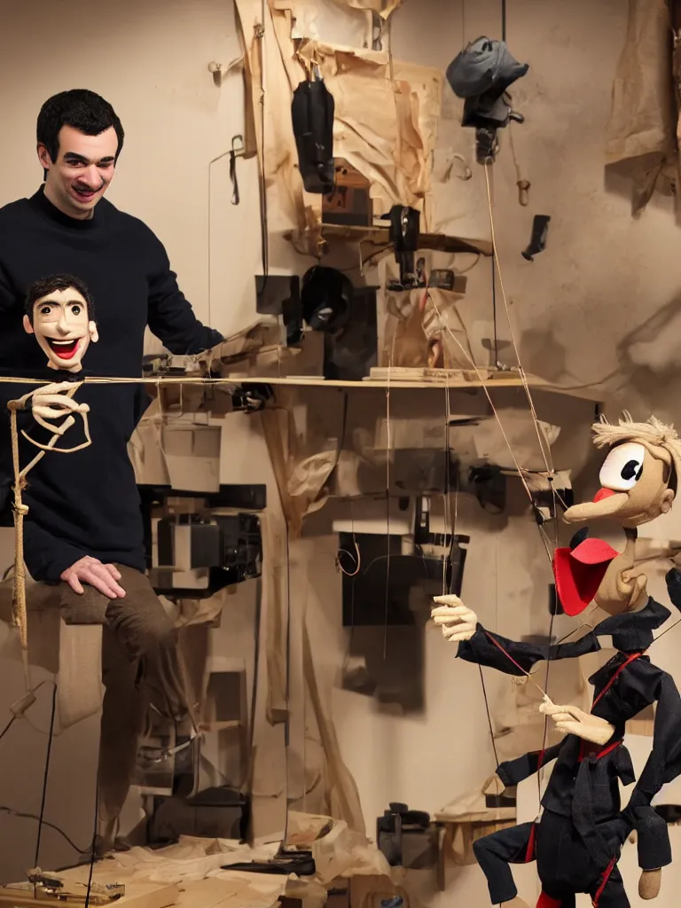 Image similar to photograph of nathan fielder behind a puppet stage controlling a marionette by the strings, high detail, 8 k, photorealism, sharp focus, volumetric lighting