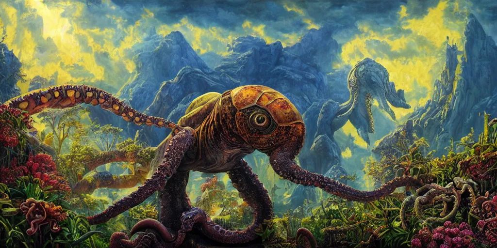 Image similar to fantasy oil painting, great leviathan, cybernetic turtle cephalopod terrapin reptilian pachyderm squid, bella hadid, hybrid, milla jovovich, anubis, epic natural light, lush plants flowers, spectacular mountains, bright clouds, luminous sky, outer worlds, golden hour, michael cheval, edward hopper, michael whelan, vray, hd