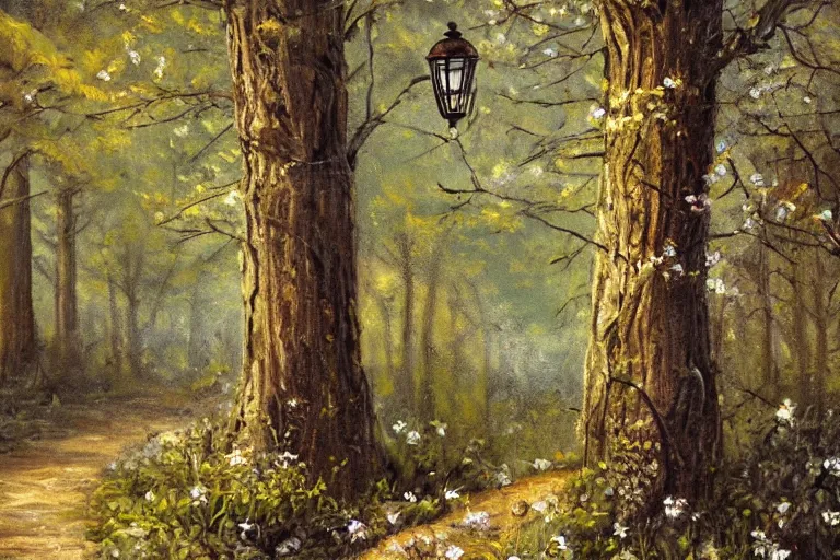 Prompt: vintage iron lamp post in the forest in the spring. Cinematic, flowers, hiking trail. Intricately detailed oil painting