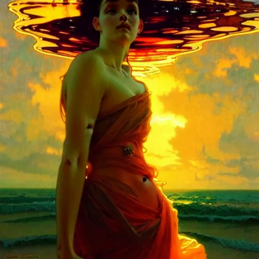 Image similar to sea of glossy liquid honey drops flowing like translucent amber, backlit, sunset, refracted lighting, art by collier, albert aublet, krenz cushart, artem demura, alphonse mucha