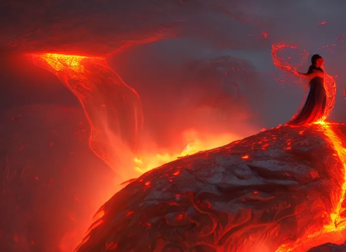 Prompt: still from a feature film avatar, goddess pele rising from a volcanoe spewing lava glowing, in style of wayne barlow, karol bak, nature futurism, pagan occultism, mystical colors, rim light, beautiful lighting, 8 k, stunning scene, raytracing, : : anamorphic lens, hyper - real, : : 8 k