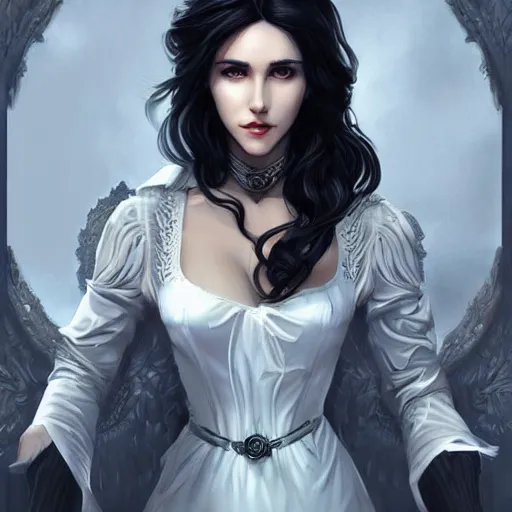 Image similar to yennefer, beautiful face, rule of thirds, intricate outfit, by artgerm