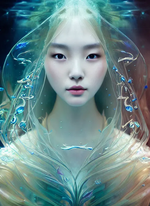 Image similar to an underwater photographic beauty portrait of jingna zhang, cinematic, volumetric lighting, fantasy, intricate, elegant, highly detailed, digital painting, artstation, concept art, smooth, sharp focus, illustration, art by ayami kojima, artgerm and h r giger and alphonse mucha