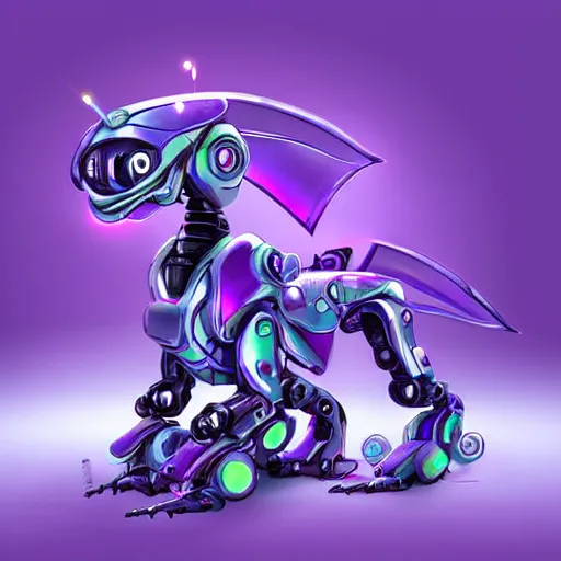 Image similar to very cute and smart robototechnic purple dragon with well-designed head and body and four legs, digital art