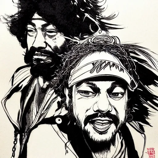 Image similar to portrait of cheech and chong, concept art, sumi - e style, intricate linework, artstation, trending, highly detailed, smooth, focus, art by yoji shinkawa,