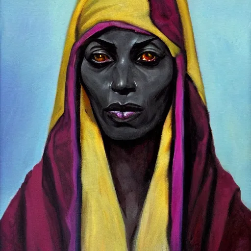 Prompt: portrait of a female dark elf dressed in rags, oil painting