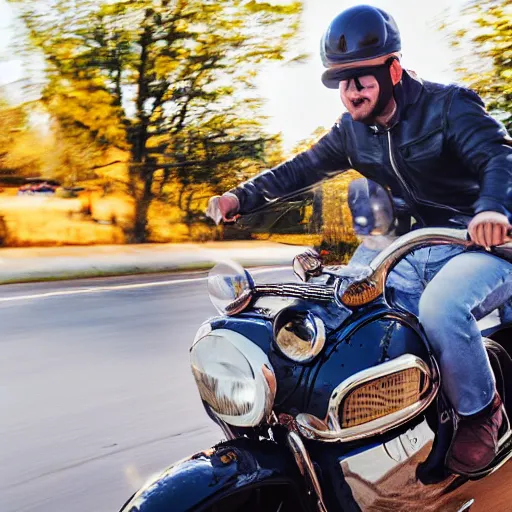 Image similar to blue heeler dog on a motorcycle, 8 k photography, blurred background of a wafflehouse