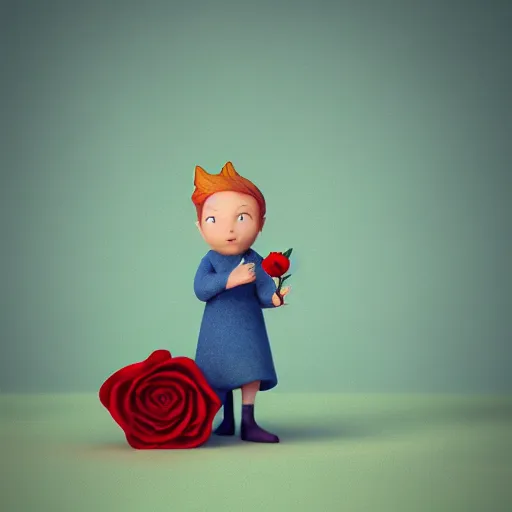 Image similar to the little prince holding a red rose and standing with a fox illustration, bokeh, octane render, award winning