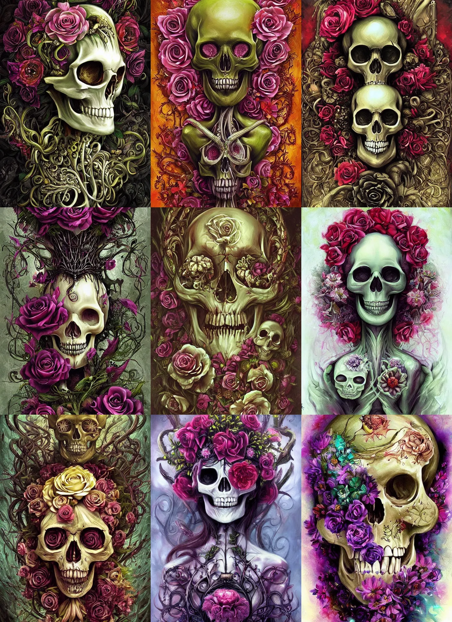 Prompt: elegant flowers, gorgeous greek goddess, beautiful skull, necronom v painting by lise deharme and hr giger, lovecraft, vibrant color scheme