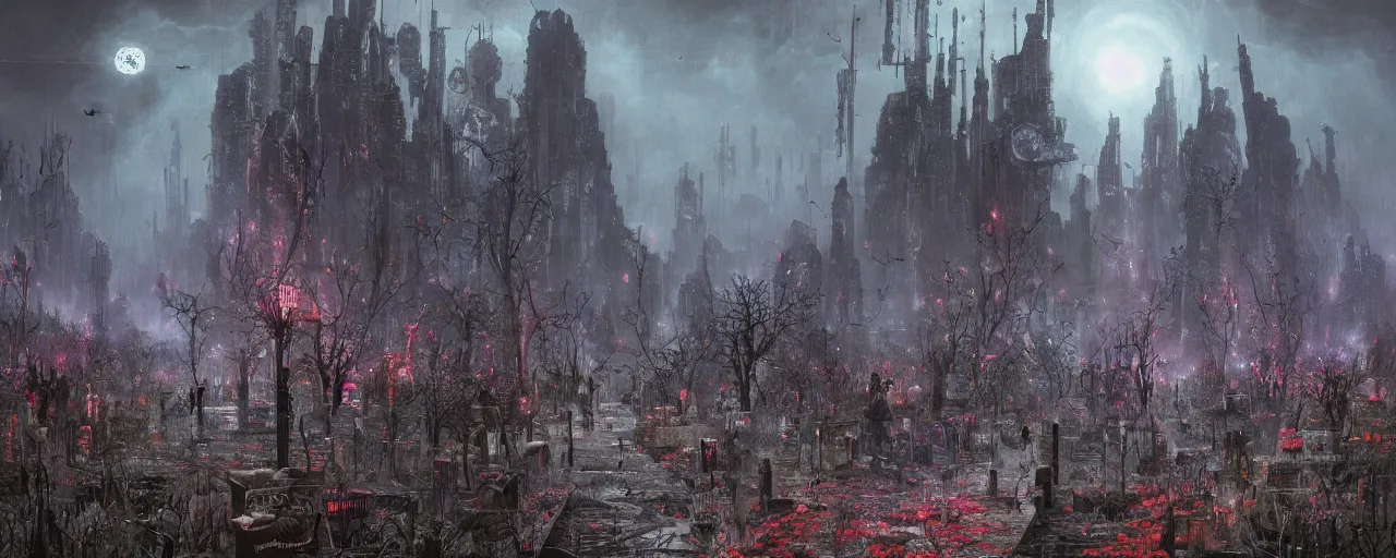 Prompt: 'Life from death' An aesthetic horror dark cyberpunk landscape painting depicting 'A graveyard with plants and flowers growing, ghosts + bats and crows flying around' by Wayne Barlowe, Trending on cgsociety artstation, 8k, masterpiece, cinematic lighting, highly detailed, vibrant colors.