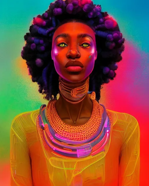 Image similar to colorful portrait of a black woman hippie with cybernetics and a natural hair style, but set in the future 2 1 5 0 | highly detailed | very intricate | symmetrical | professional model | cinematic lighting | award - winning | painted by mandy jurgens | pan futurism, dystopian, bold psychedelic colors, cyberpunk, anime aesthestic | featured on artstation