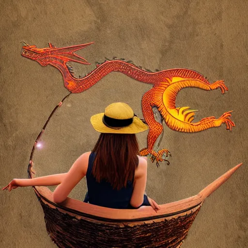 Image similar to digital art girl in straw hat with dragon tatoo with lights traveling around swamp in boat