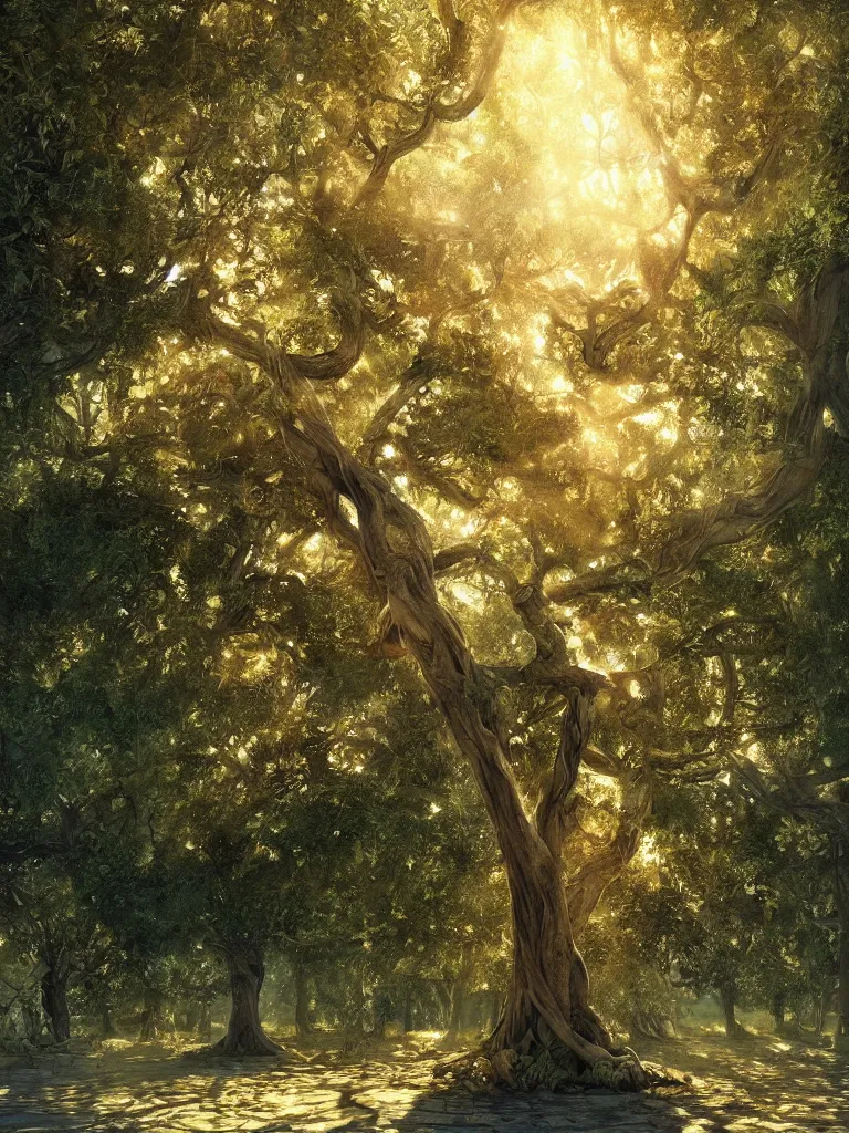 Image similar to a hyperrealist photography of the tree of life, natural lighting, sun through store leaves, cinematic, highly detailed, sharp focus, intricate concept art, digital painting, ambient lighting, 4k, artstation