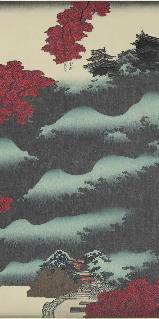 Prompt: hokusai, steps leading up to a temple, japanese style, black ink, a beautiful oil painting of a rocky valley covered in snow trees with red leaves thunderstorm in the sky blue lighting gloomy atmospheric light