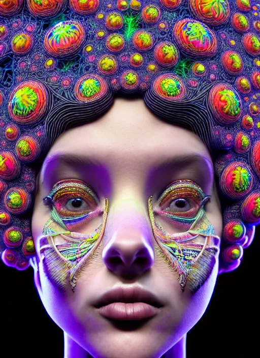 Image similar to absurdly beautiful, fashionable young woman with clear white skin, wearing a headdress made from plastic toys, in the fourth dimension, psychedellic, ayahausca, tryptamine, hyperdetailed illustration by irakli nadar and alexandre ferra, intricate linework, unreal engine 5 highly rendered, global illumination, radiant light, detailed and intricate environment