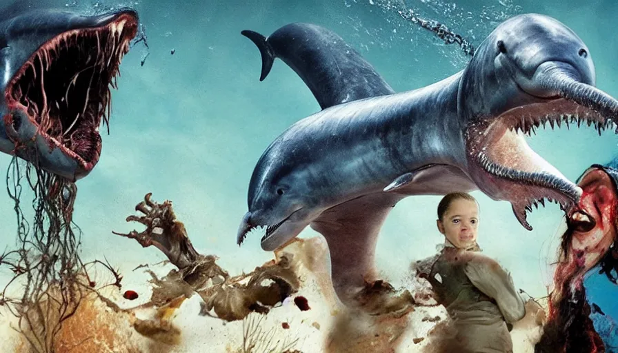 Prompt: big budget horror movie about a carnivorous earthworm attacking a cyborg dolphin