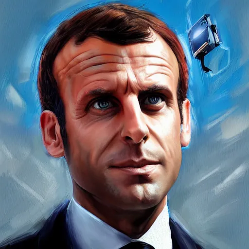 Image similar to digital art portrait of emmanuel macron with robot ears falling in the sun, 4k, sharp focus, Andreas Rocha