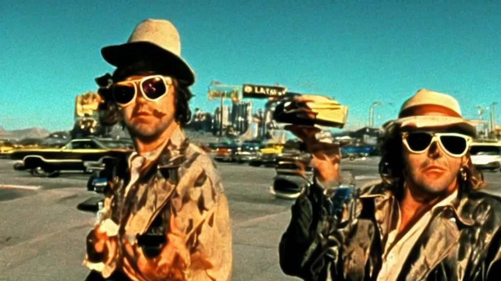 Image similar to still of fear and loathing in las vegas, 1 9 7 5, cinematic lighting, ultra realistic, panavision, wide screen, saturated color, seventies cinema, vintage science fiction cinema
