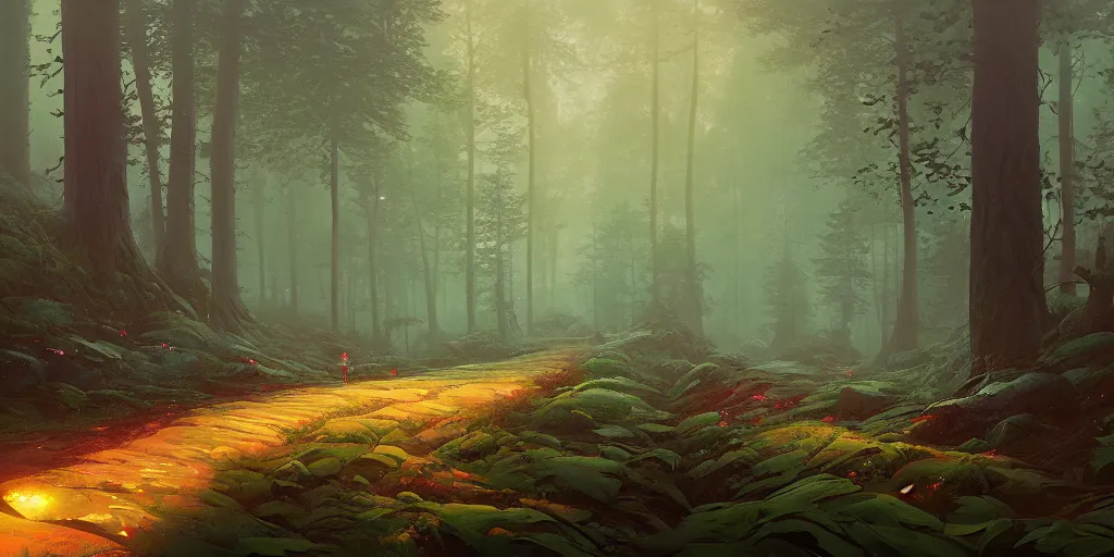 Prompt: An infinitely diverging forest path by Simon Stålenhag and Thomas Kinkade and Greg Rutkowski, trending on artstation, 4k