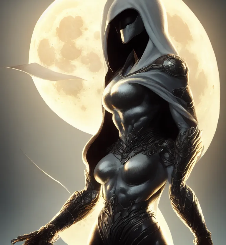 Image similar to female moon knight, hyper detailed, digital art, trending in artstation, cinematic lighting, studio quality, smooth render, unreal engine 5 rendered, octane rendered, art style by klimt and nixeu and ian sprigger and wlop and krenz cushart