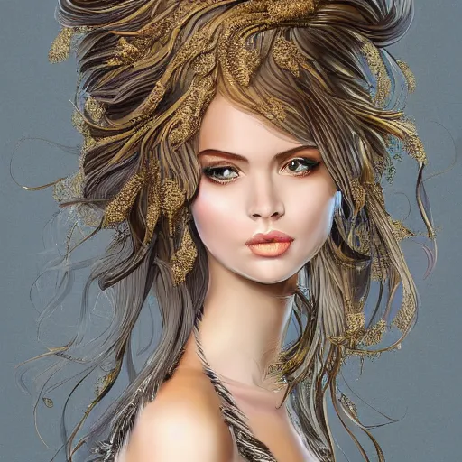 Prompt: A portrait of an attractive young female, beautiful long flowered hair, wearing a dress of black golden feathers, intricate, highly detailed, elegant, digital painting, trending on artstation