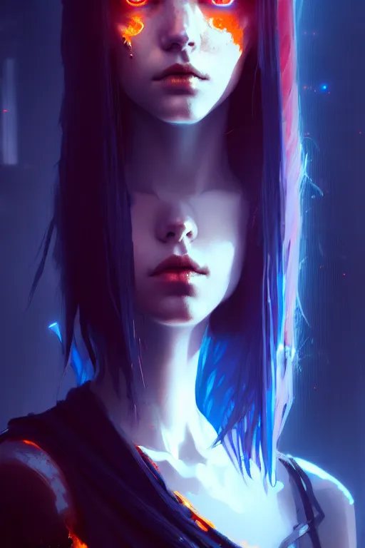 Image similar to a young, slender girl, with fiery blue hair and bright eyes, hyperrealistic face, beautiful eyes, fantasy art, in the style of greg rutkowski, intricate, hyperdetalized, smooth, cyberpunk, tech