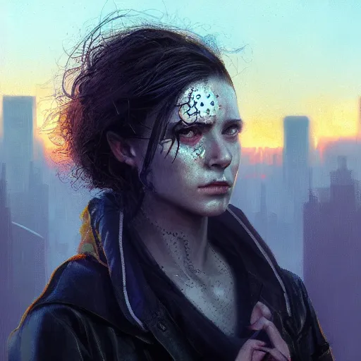 Prompt: molly from neuromancer, extremely detailed portrait of a young cyberpunk woman, eye implants, sunset, cyberpunk city background, painted by seb mckinnon, high detail, digital art, painted by greg rutkowski, trending on artstation