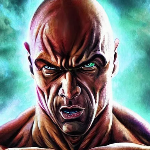 Image similar to the rock as Piccolo from dragonball Z, artstation hall of fame gallery, editors choice, #1 digital painting of all time, most beautiful image ever created, emotionally evocative, greatest art ever made, lifetime achievement magnum opus masterpiece, the most amazing breathtaking image with the deepest message ever painted, a thing of beauty beyond imagination or words, 4k, highly detailed, cinematic lighting