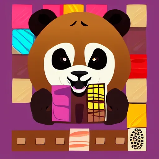 Image similar to vector artwork of a panda eating a chocolate bar, colorful, playful