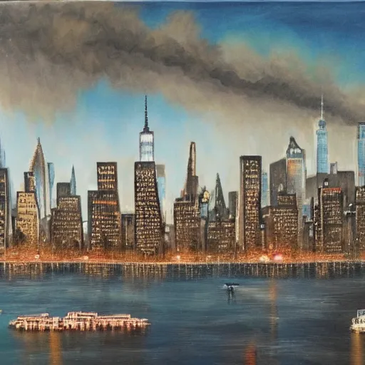 Prompt: extremely detailed landscape painting of new york city after a natural disaster