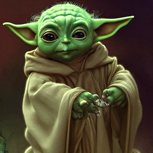 Prompt: baby yoda in the role of frodo baggins, intricate, elegant, highly detailed, digital painting, artstation, concept art, smooth, sharp focus, illustration, art by artgerm and greg rutkowski and alphonse mucha and william - adolphe bouguereau