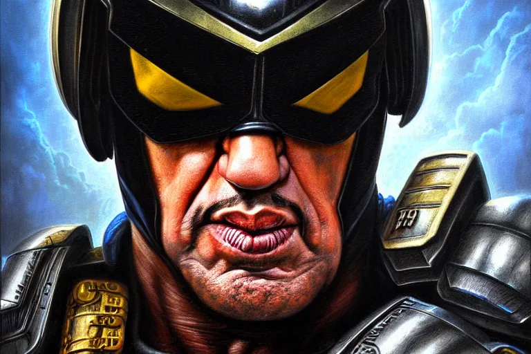 Image similar to poster portrait of sly stallone as judge dredd ( 2 0 1 1 ). artwork, 4 k digital art, 8 0's style tomasz alen kopera, peter mohrbacher, donato giancola, boris vallejo, drew struzan realistic detailed oil painting, urban horror, frank frazetta