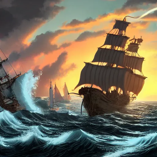 Prompt: two pirates on a sloop battling a kraken, heavy winds, huge waves, sunset, dramatic lighting, digital art, behance, artstation, hd