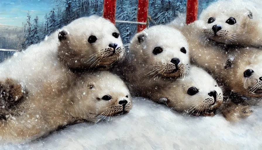 Image similar to highly detailed closeup painting of cute furry white baby seals inside a snowy adventure park climbing frame by william turner, by greg rutkowski, by william constable, thick brush strokes and visible paint layers, 4 k resolution