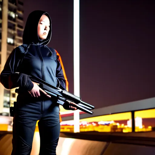 Prompt: photographic portrait of a techwear woman holding a shotgun, holding shotgun down, closeup, on the rooftop of a futuristic city at night, sigma 85mm f/1.4, 4k, depth of field, high resolution, full color, award winning photography, Kill Bill, John Wick, Die Hard, movies with guns, movie firearms, Terminator