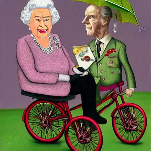 Image similar to Queen Elizabeth II on a tricycle, lowbrow painting by Mark Ryden