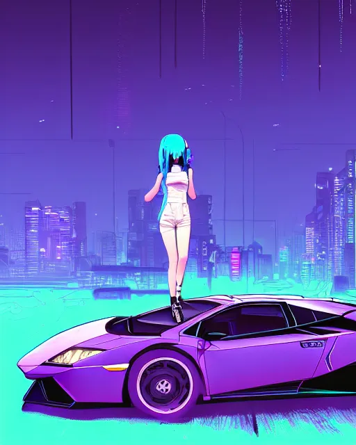 Image similar to digital illustration of cyberpunk pretty girl with blue hair, standing in front of a purple lamborghini, in junkyard at night, by makoto shinkai, ilya kuvshinov, lois van baarle, rossdraws, basquiat