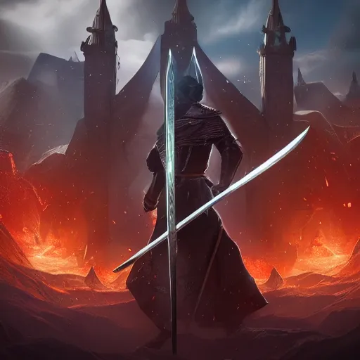 Image similar to full shot of a symmetrical game - icon of giant medieval swords crossed, red powerful fantasy epic legends, game icon stylized, digital illustration radiating, a glowing aura, global illumination, ray tracing, 8 k high definition, intricate details, octane render, unreal engine, trending on arstation