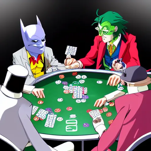 Prompt: joker playing poker with batman, studio ghibli, trending on artstation, high detalied,