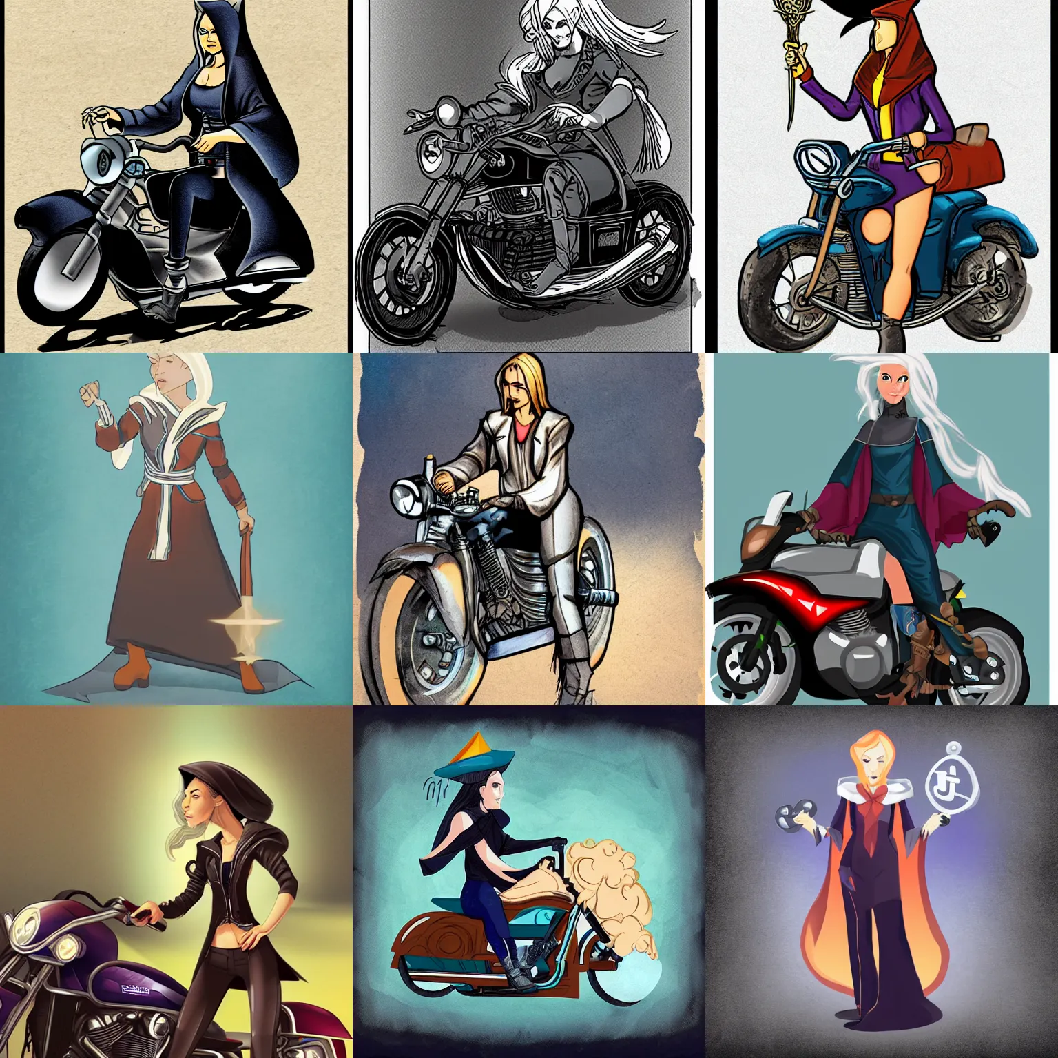 Prompt: Androgynous female wizard on a motorcycle