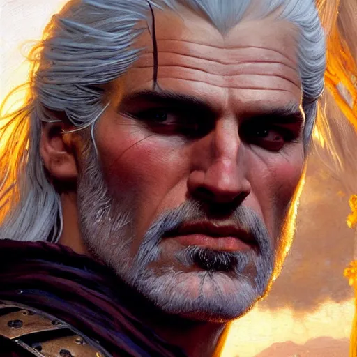 Prompt: geralt of rivia and jaskier. close up of their faces. natural lighting. highly detailed painting by gaston bussiere, j. c. leyendecker, greg rutkowski 8 k