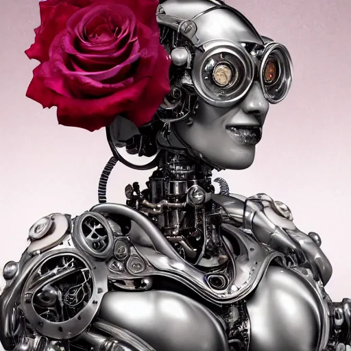 Image similar to a beautiful intricate fine art portrait photo of a a mechanical industrial steampunk cybernetic robot taking a milk bath surrounded by roses, by tom bagshaw and zach sutton, perfection!, milk bath photography, studio lighting, 35mm lens, very detailed, bionic, cybernetic scifi, deep depth of field, artstation, 8K, highly coherent