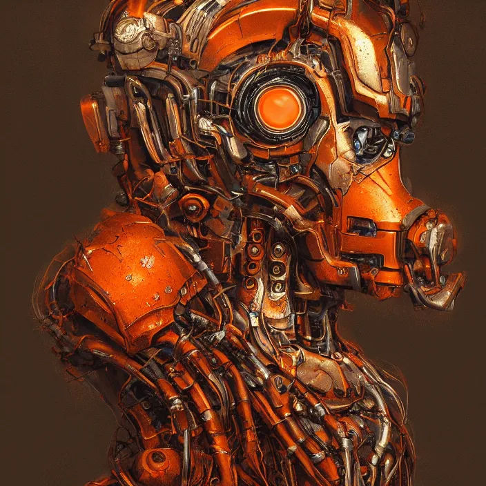 Image similar to portrait of an orange ultron from age of ultron, clockwork steampunk, dieselpunk, head and chest only, by beksinski, 4 k, deviantart, trending on artstation