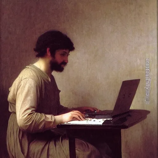 Prompt: an oil painting of an man playing a laptop, by Bouguereau, highly detailed and intricate,